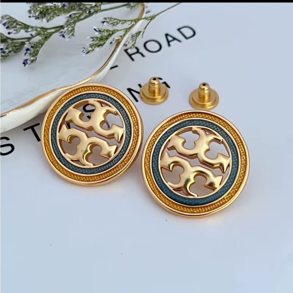 Authentic Tori Burch Gold and Green Studs Earrings.